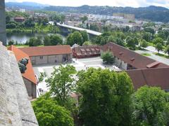 View of Archbishop's Palace, Nidelva River and Elgeseter Bridge in Trondheim from Cathedral Tower