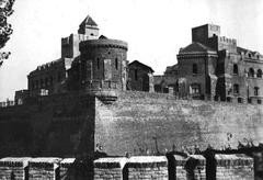 Historic wall with towers on Kalemegdan fortress in Belgrade circa 1920
