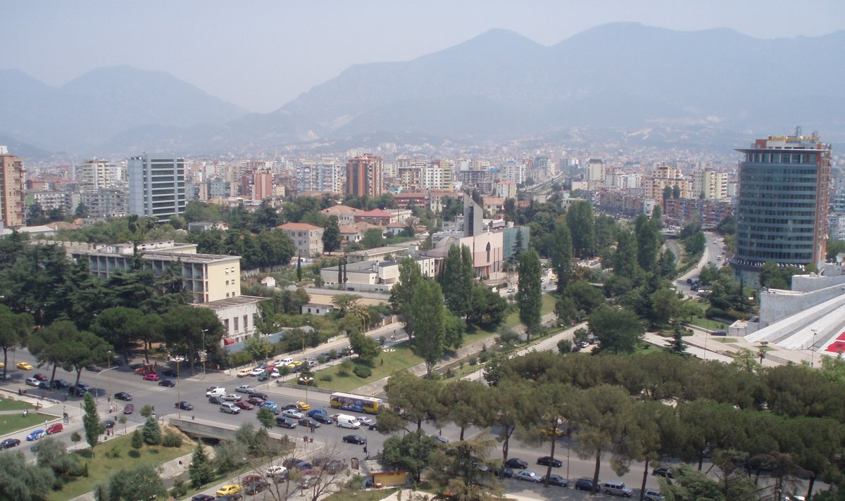 Panoramic view of Tirana from Sky Tower with cityscape and mountains