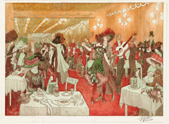 Etching and mixed technics artwork Le Monde de la noce by Pierre Gatier showing a detailed artistic scene at La Villa Royale, Place Pigalle, Paris