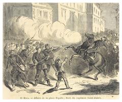 Historical scene at Place Pigalle depicting the death of Captain Saint-James in 1871