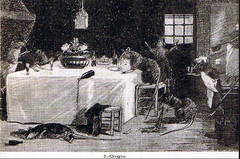 Drawing L'Orgie after fresco painted in Le Rat Mort restaurant in Place Pigalle Paris