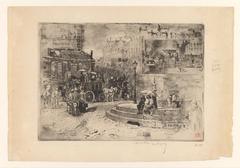 17th century etching of Place Pigalle in Paris featuring cityscape with horse-drawn carriages and street lighting