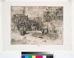 Historic engraving of La Place Pigalle in Paris from 1878 showing the busy urban square with people and horse-drawn carriages