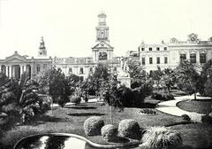 View of Plaza de Armas square in Santiago with historical buildings and a church