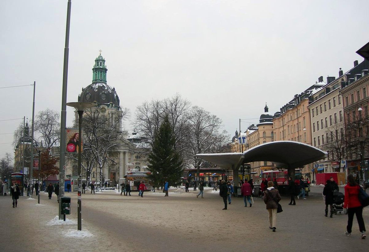 Odenplan square in Stockholm covered in snow during winter, January 2006