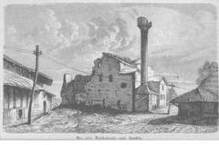 Historic sketch of Hagia Sophia church in Sofia converted into a mosque and abandoned after an earthquake in 1878