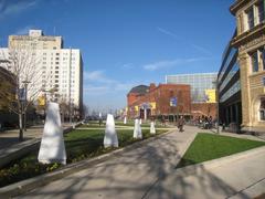 Campus view of Drexel University in Philadelphia with academic buildings and blue sky