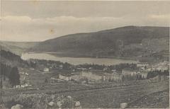 Scenic postcard view of Lac de Gérardmer surrounded by green forests under a clear sky