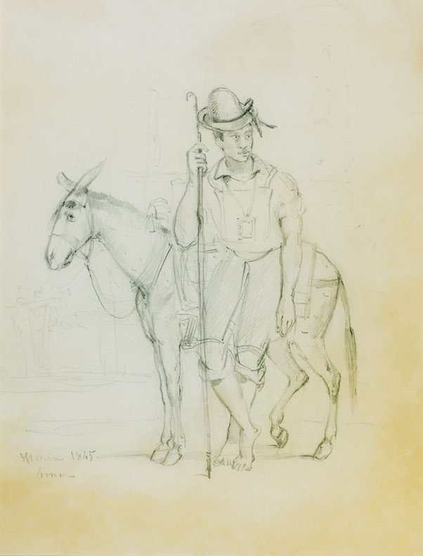 Aguador pencil drawing of water carrier by Merino, 1845