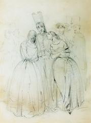 19th century pencil drawing of women with priest