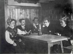 Ivan Cankar with friends in Švicarija including Viktor Zalar, Vladimir Levstik, Miha Čop and waitress Ivanka Maroltova