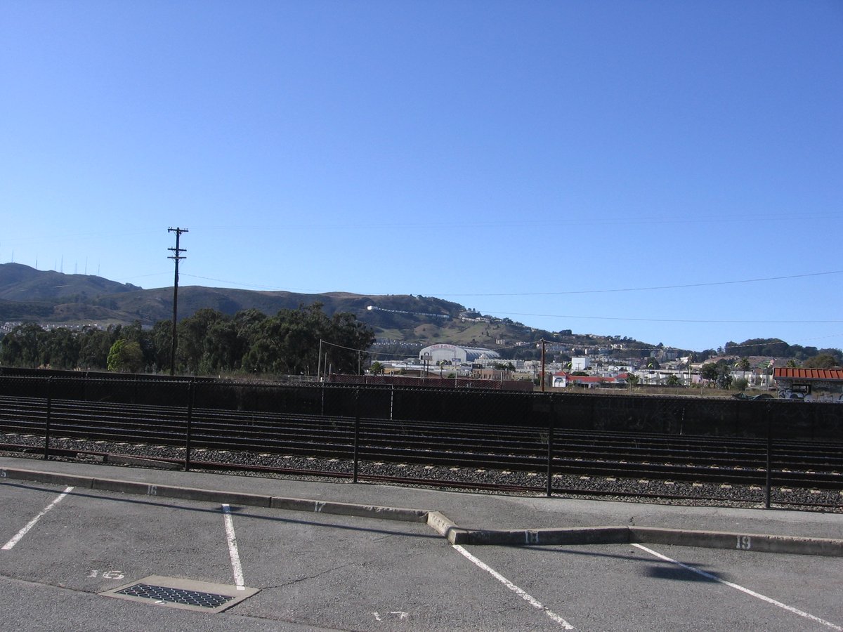View of Cow Palace from Bayshore Caltrain station parking lot in San Francisco and Brisbane, California