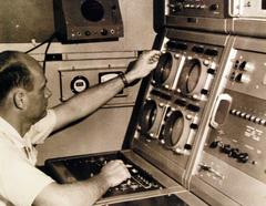Daniel Gibson operating the Navy's RUM remote control undersea vehicle in the Pacific Ocean near La Jolla in 1960