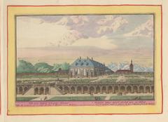 Colored etching of Zarzuela Palace near Madrid showing detailed architecture with a surrounding garden and a yellow and red border