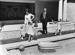Prince Juan Carlos of Spain, Princess Sophie, and their children by the pool at Zarzuela Palace in 1969