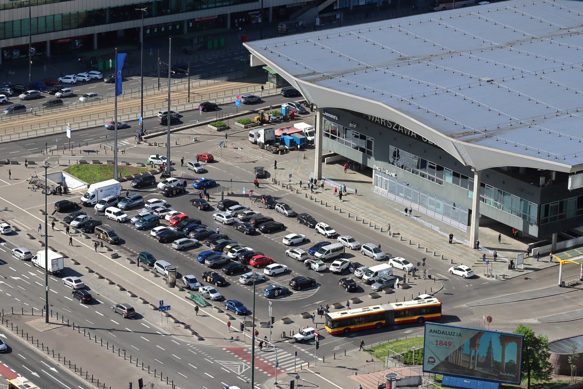 View of parking lot in front of Central Station from Palace of Culture and Science in Warsaw