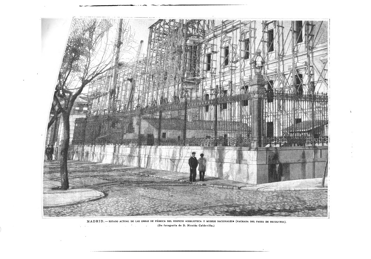 Construction progress of the National Library and Museums building facade on Paseo de Recoletos in Madrid in 1891
