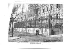 Construction progress of the National Library and Museums building facade on Paseo de Recoletos in Madrid in 1891