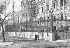 Facade of the National Library and Museums building under construction on Paseo de Recoletos, Madrid, 1891