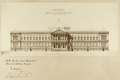 Facade of the Palace of National Library and Museums facing Recoletos Street in a sketch