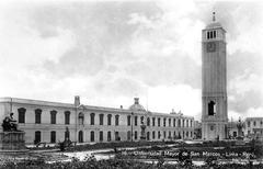 Historic view of the University of San Marcos' main building with the German Tower and University Park in 1924