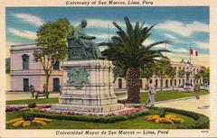 University park with monument to Professor Bartolomé Herrera and San Marcos Mansion, vintage 1930s postal card
