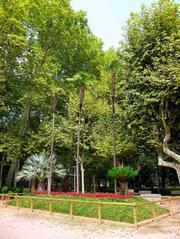 Aerial view of Parque y Jardín de la Devesa in Gerona with green lawns, large trees and pathways