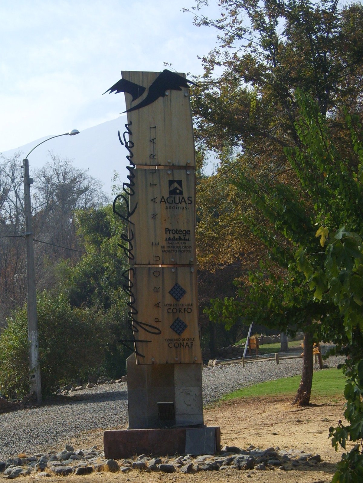 Lush green scenery at Parque Natural Aguas De Ramón in Santiago, Chile with mountains in the background