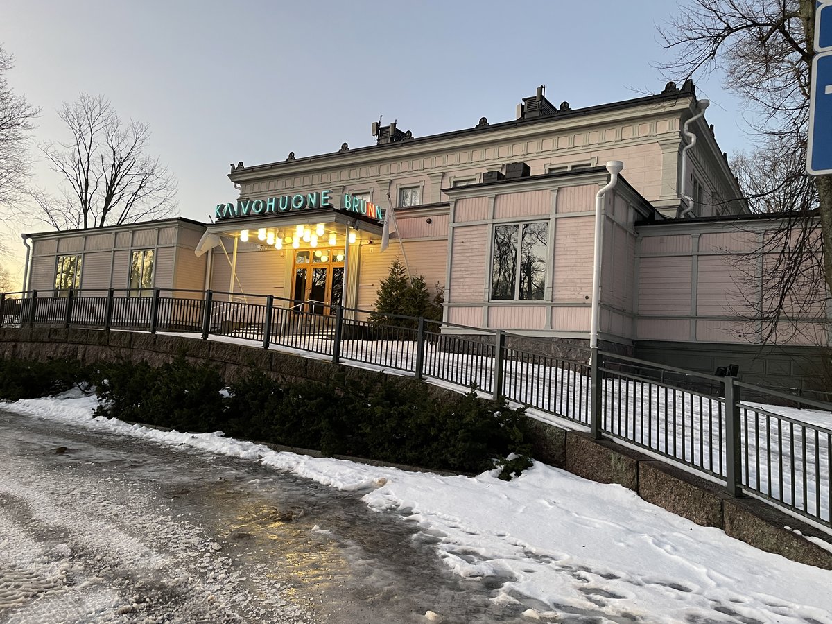 Kaivohuone historic 19th century event venue illuminated at dusk in January 2025