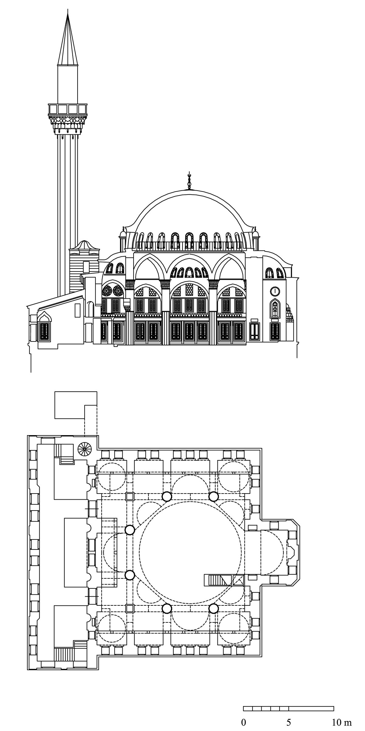 Architectural floor plan and section drawing of Sokollu Mehmed Pasa Mosque at Azapkapi