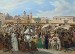 Independencia Market in Lima oil painting from 1843 showing a lively market square with people and historic buildings