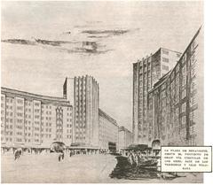 Architectural perspective of unrealized project for Plaza de Jacinto Benavente in Madrid by Sainz de los Terreros and Díaz Tolosana