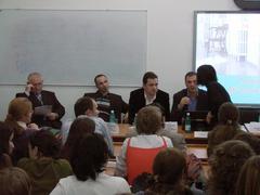 People participating in a jail debate event