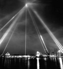Vault of light over Helsinki Presidential Palace during Finnish independence 50th anniversary celebration