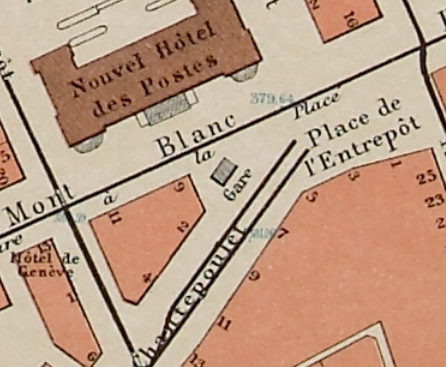 Map of Geneva with Gare de Chantepoulet and Nouvel Hôtel des postes on Rue du Mont-Blanc in 1900