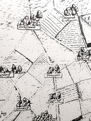 Copper engraving map of Cologne by Abraham Hogenberg showing Ehrenportzer Schweidt from 1609