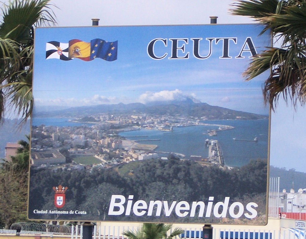 Welcome sign to Ceuta, Spain with blue sky background
