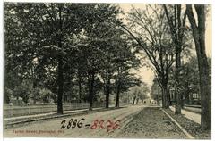 Historic view of Taylor Street in Portland, Oregon in 1906 with old buildings and streetcars