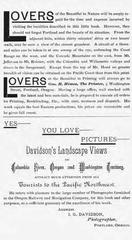 Vintage advertisement for Davidson's Landscape Views photography from the 1880s Oregon Railway and Navigation Co. Summer Saunterings book
