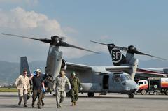 U.S. Air Force, Marines, and Nepalese army transporting earthquake patients from MV-22 Osprey at Tribhuvan Airport Kathmandu May 12