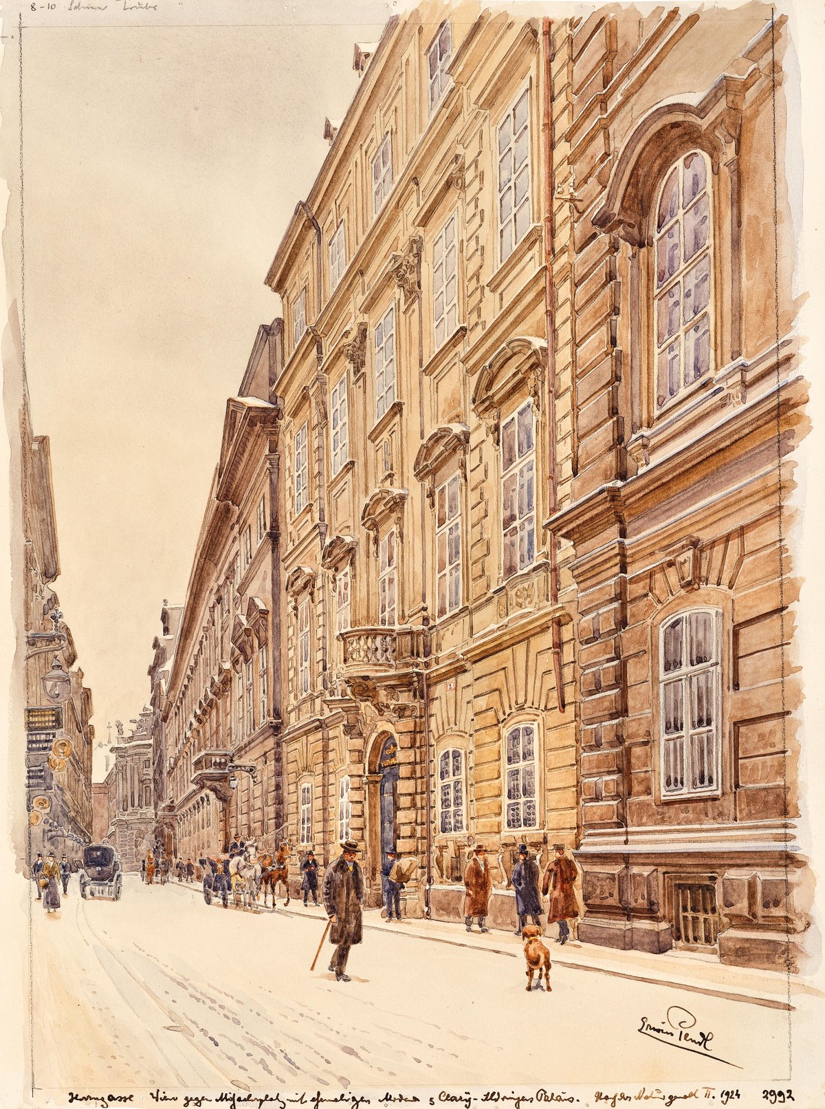 Watercolor painting of Herrengasse street with Palais Mollard-Clary and view towards Michaelerplatz in Vienna