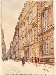 Watercolor painting of Herrengasse street with Palais Mollard-Clary and view towards Michaelerplatz in Vienna