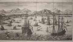 Dutch ships anchored in Malacca Harbor in 1676, copper plate etching by Wouter Schouten