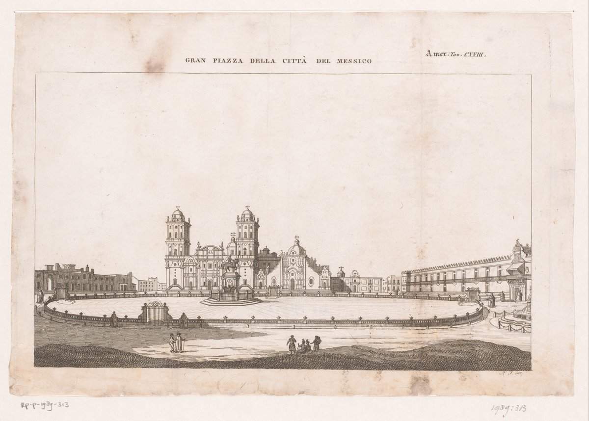 Central square, Zócalo, in Mexico City in an 1843 etching showing historic buildings and a bustling village square
