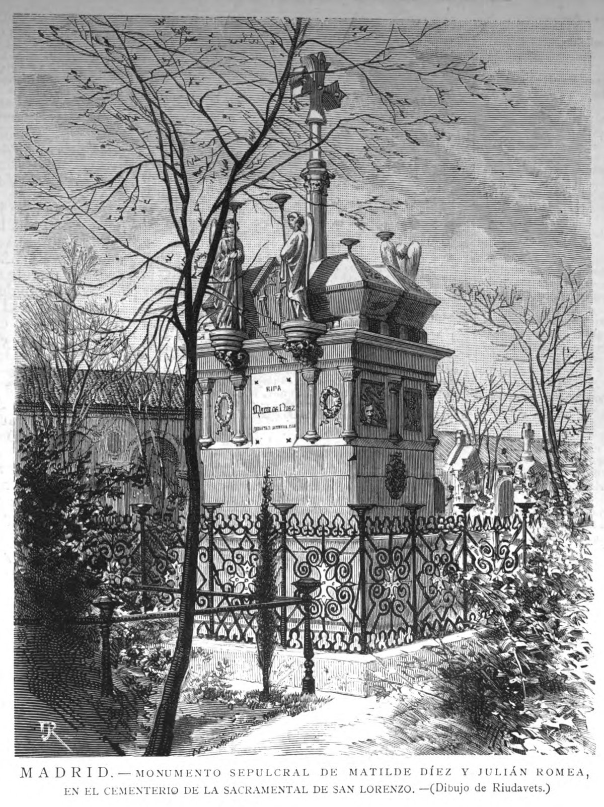 Sepulchral monument of Matilde Díez y Julián Romea at Sacramental de San Lorenzo Cemetery in Madrid, vintage drawing