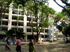 Students walking in front of Jagannath University Business Faculty building