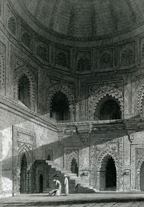 Interior of a mosque in Juanpore with intricate architectural details and arches