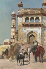 Painting of a man standing in front of a mosque with architectural details