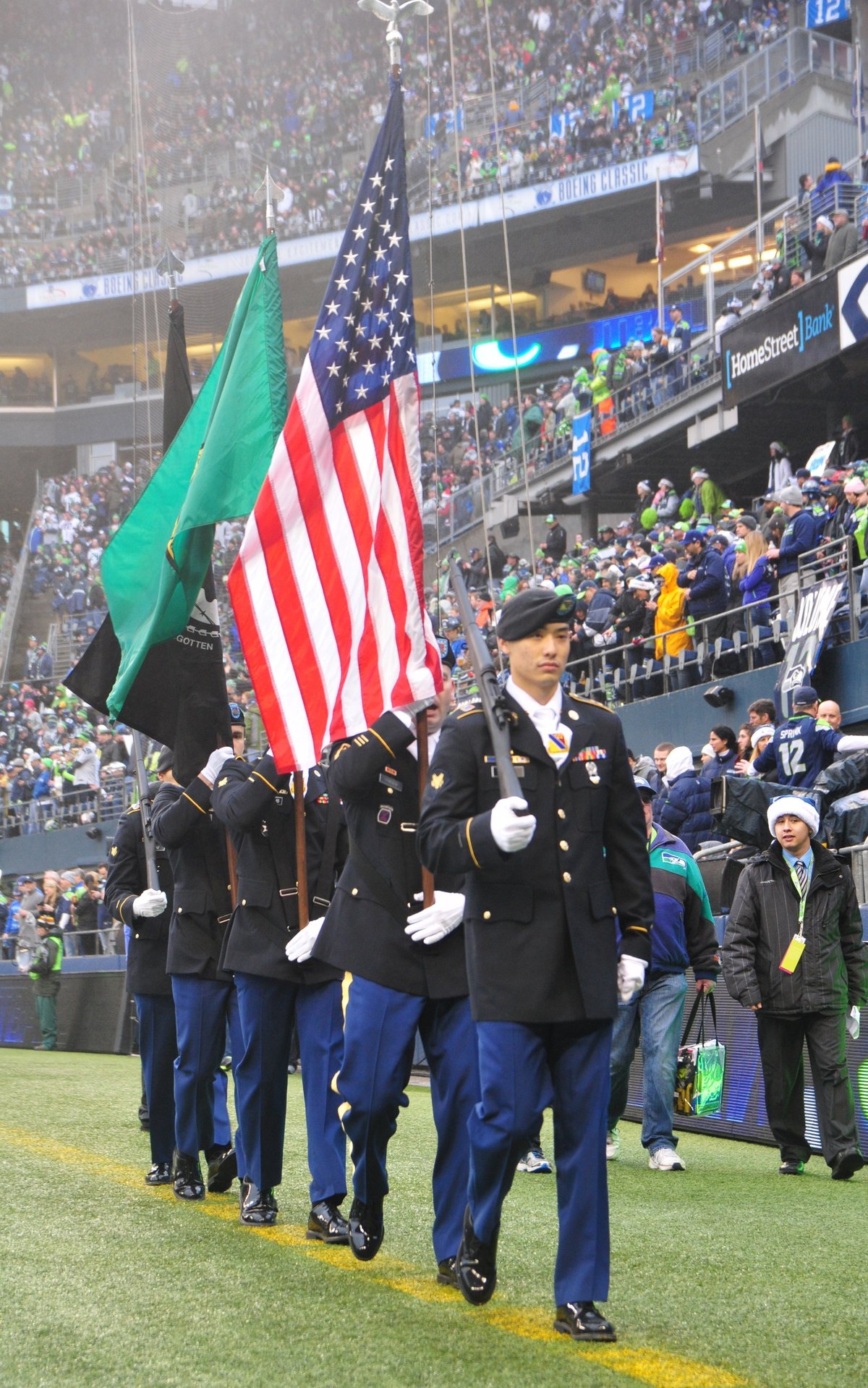 U.S. Army color guard performing at football pregame show in Seattle